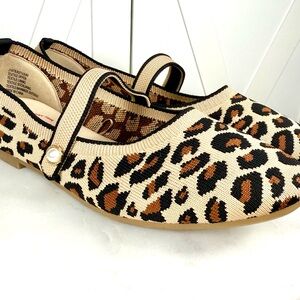 Jelly Pop Mary Jane Leopard Print Fabric Knit Ballet Flats w Faux Pearl  8 1/2
